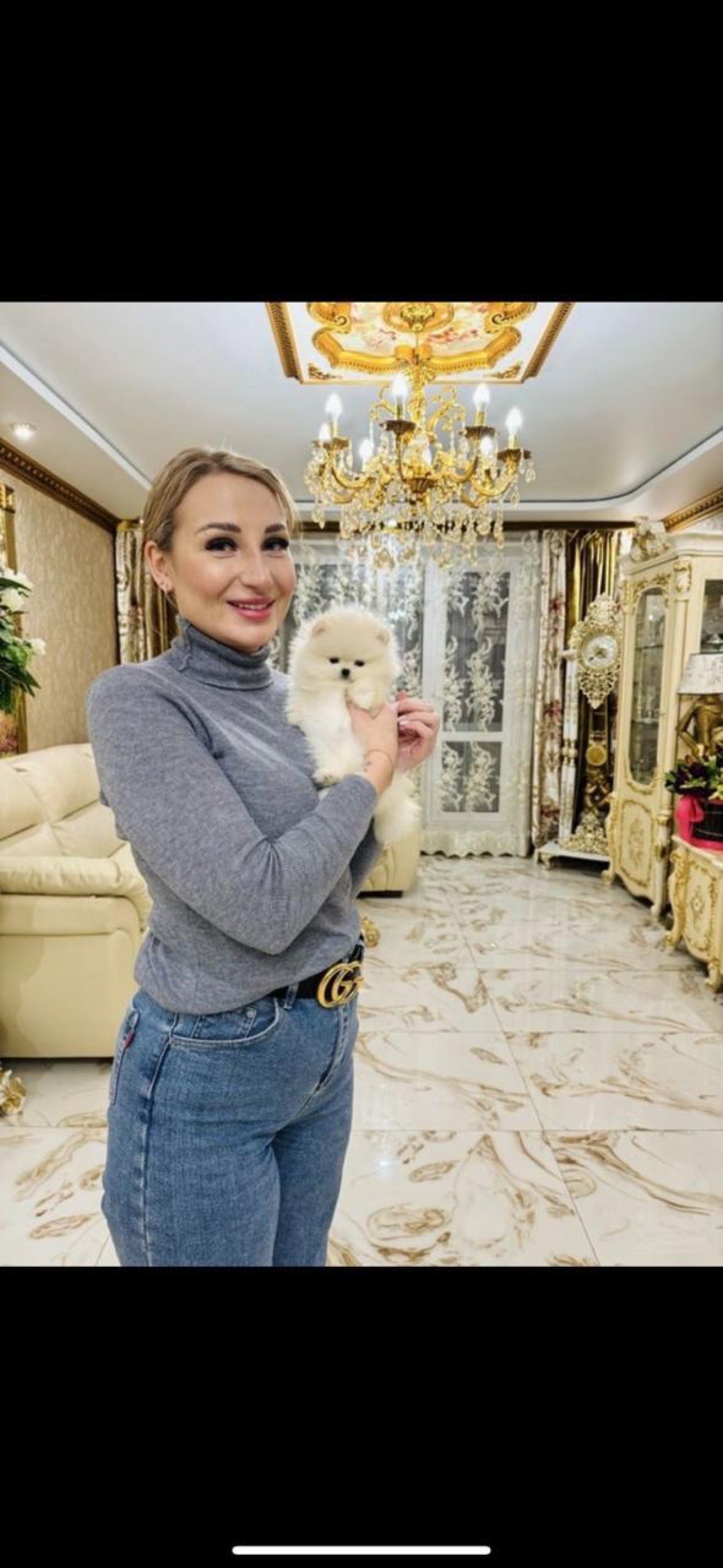 Женщина держит белого померанского шпица